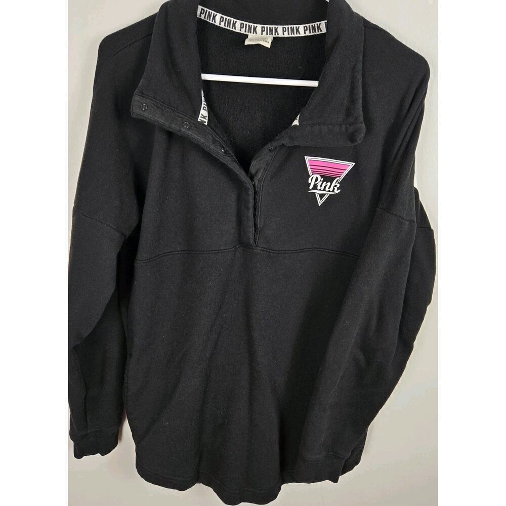 Victoria's Secret PINK 1/4 Snap Sweatshirt, Black Size Small 80's Style Graphics